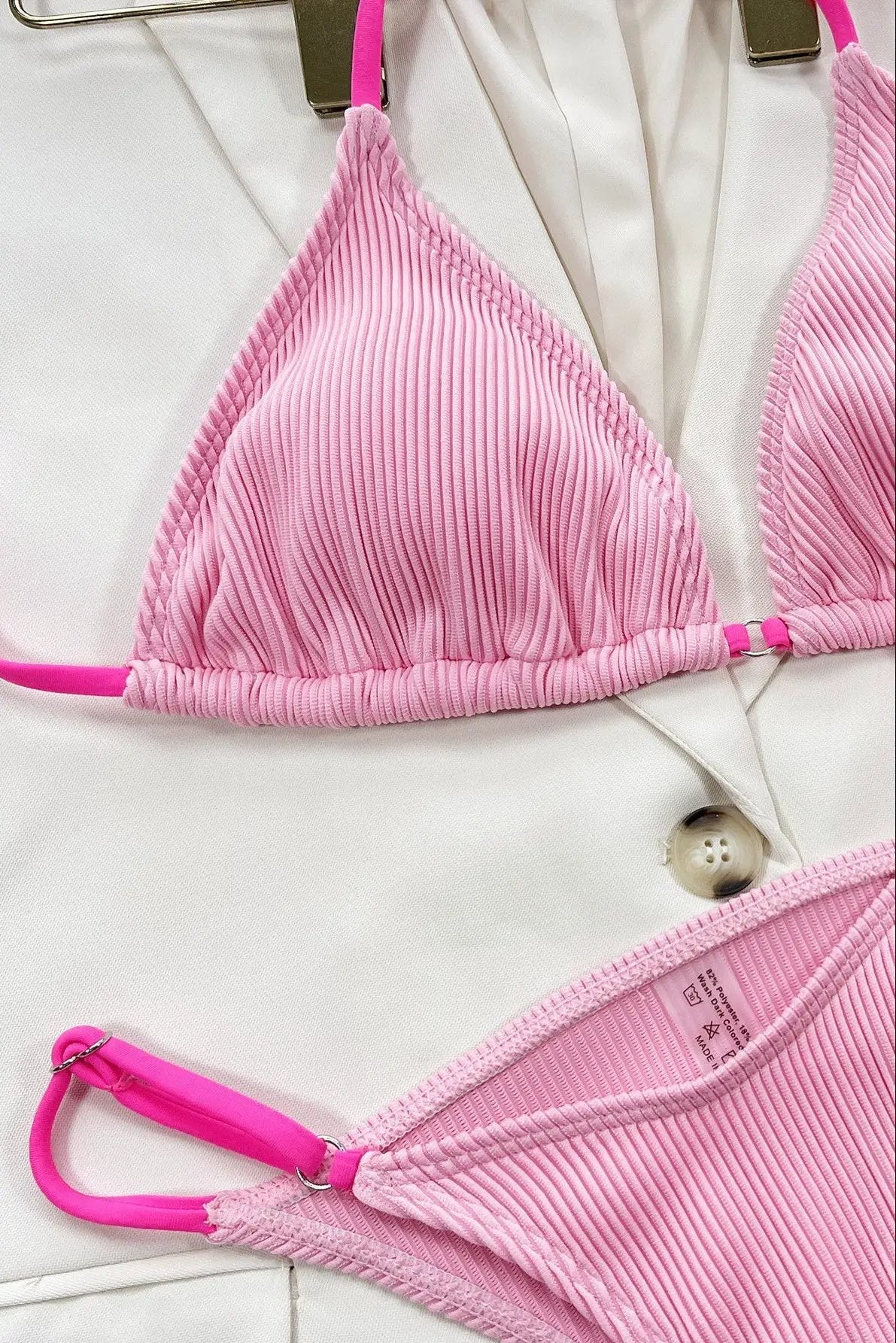 Pink Ribbed Color Black Strap Sexy Triangle Cheeky 2Pc Swimsuit Set Bikini