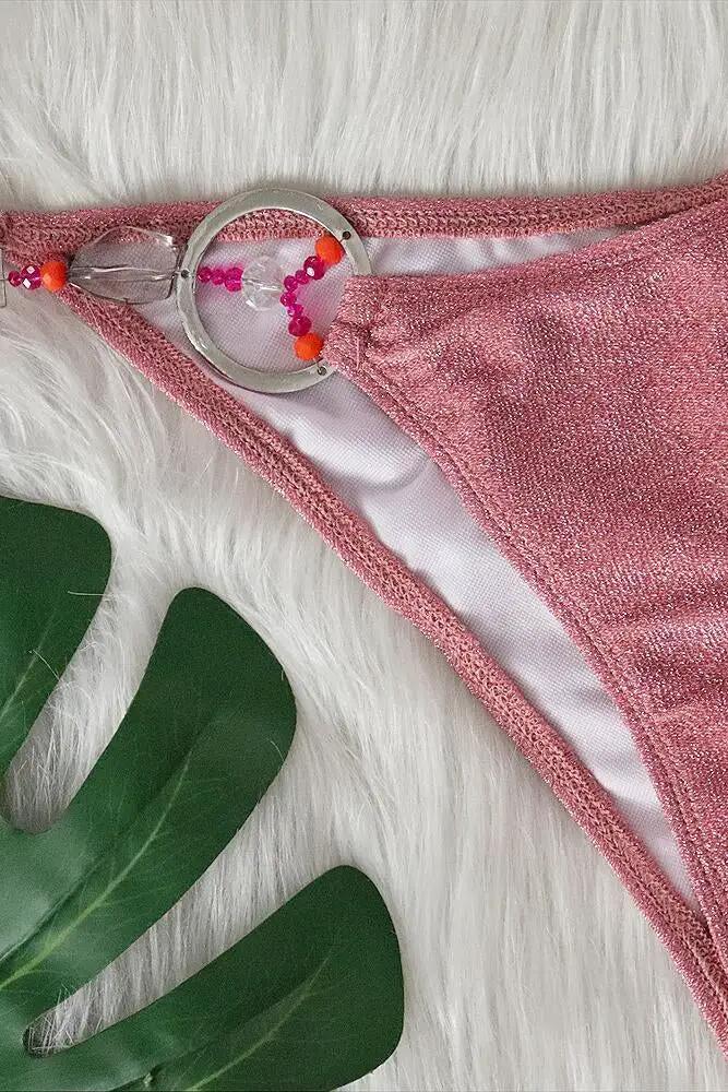 Pink Shimmer Crystals O-Ring Ruched Butt Sexy 2Pc Swimsuit Set