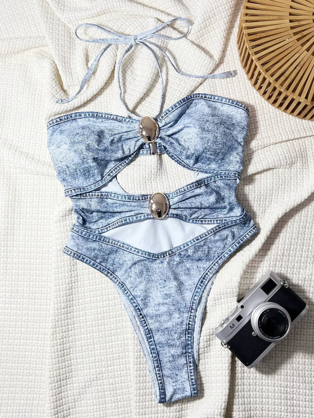 Blue Denim Print Cut-Out Gold Decor Cheeky Sexy Monokini 1Pc Swimsuit