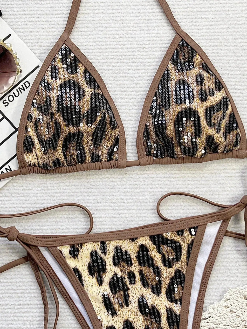 Leopard Print Sequin Sparkly Micro Sexy 2Pc Swimsuit Set Bikini