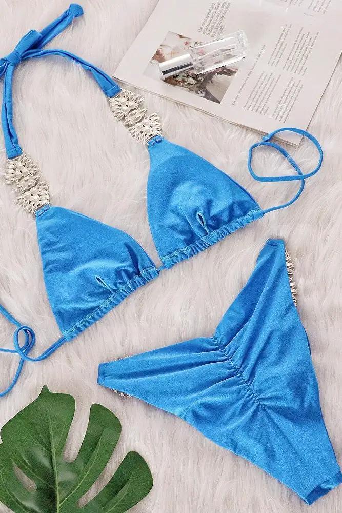 Blue Silky Big Rhinestone Decor Ruched Back Sexy 2Pc Swimsuit Set Bikini