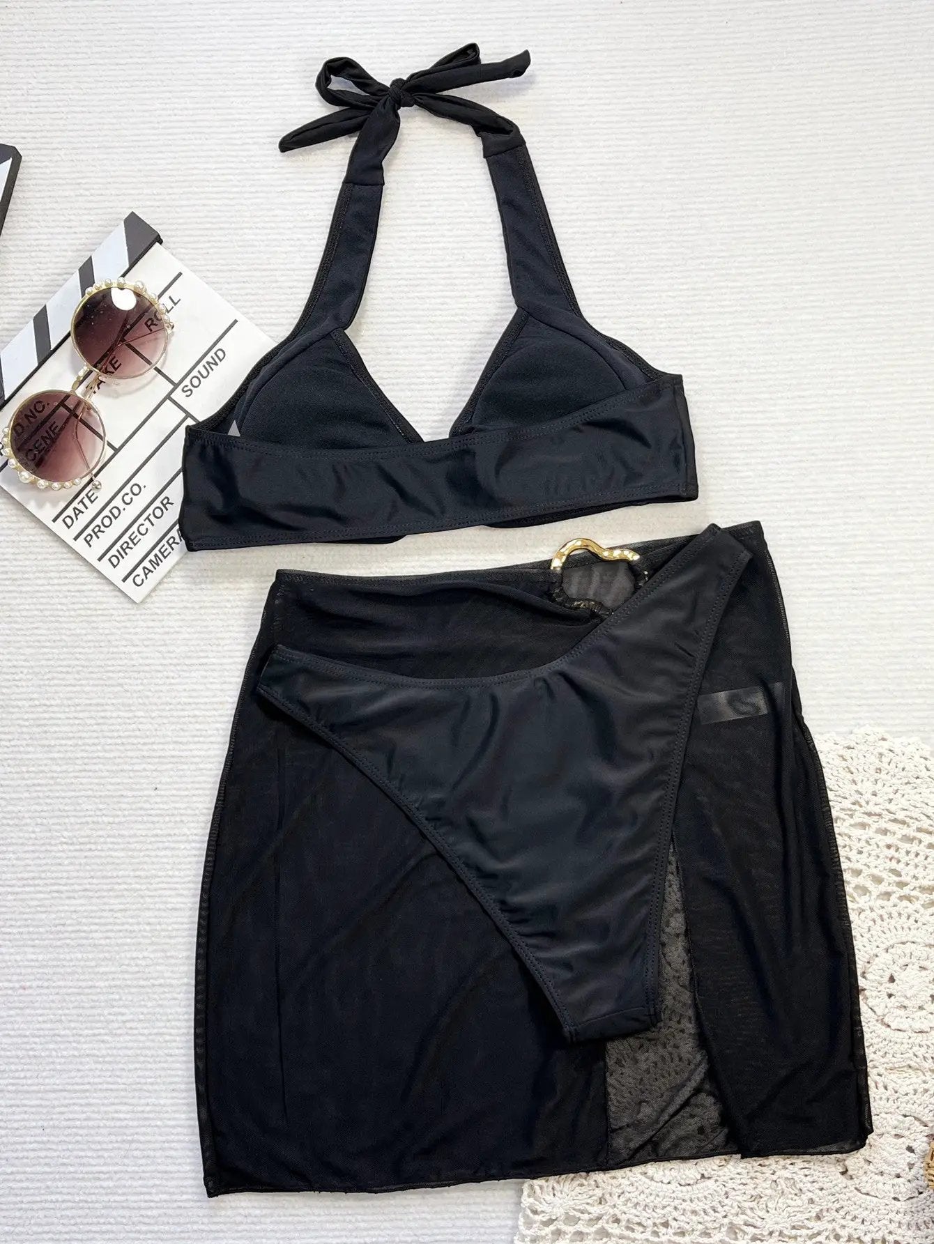 Black Old Decor Halter Padded Mesh Cover-Up Sexy 3Pc Swimsuit Set