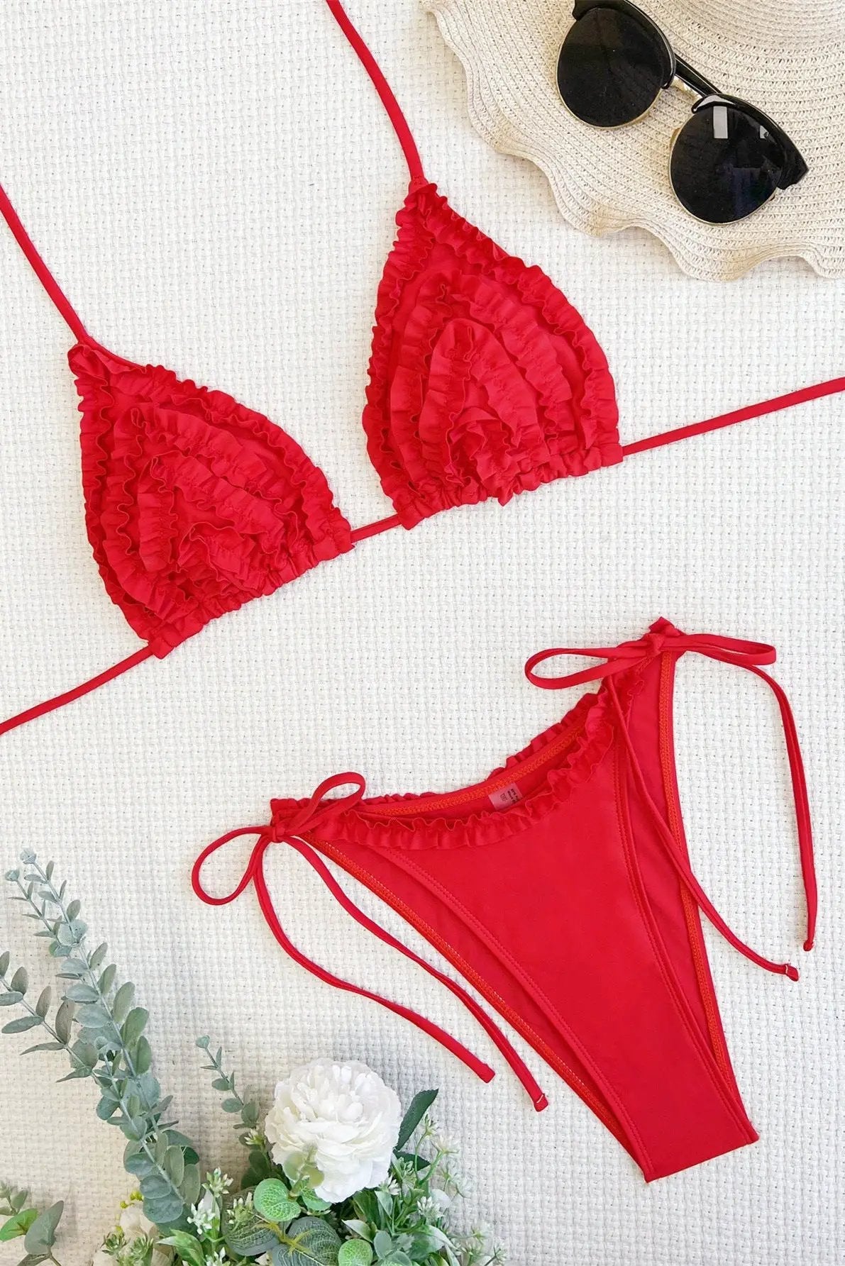 Red Ruffle Removable Pad Cheeky Sexy 2Pc Swimsuit Set Bikini