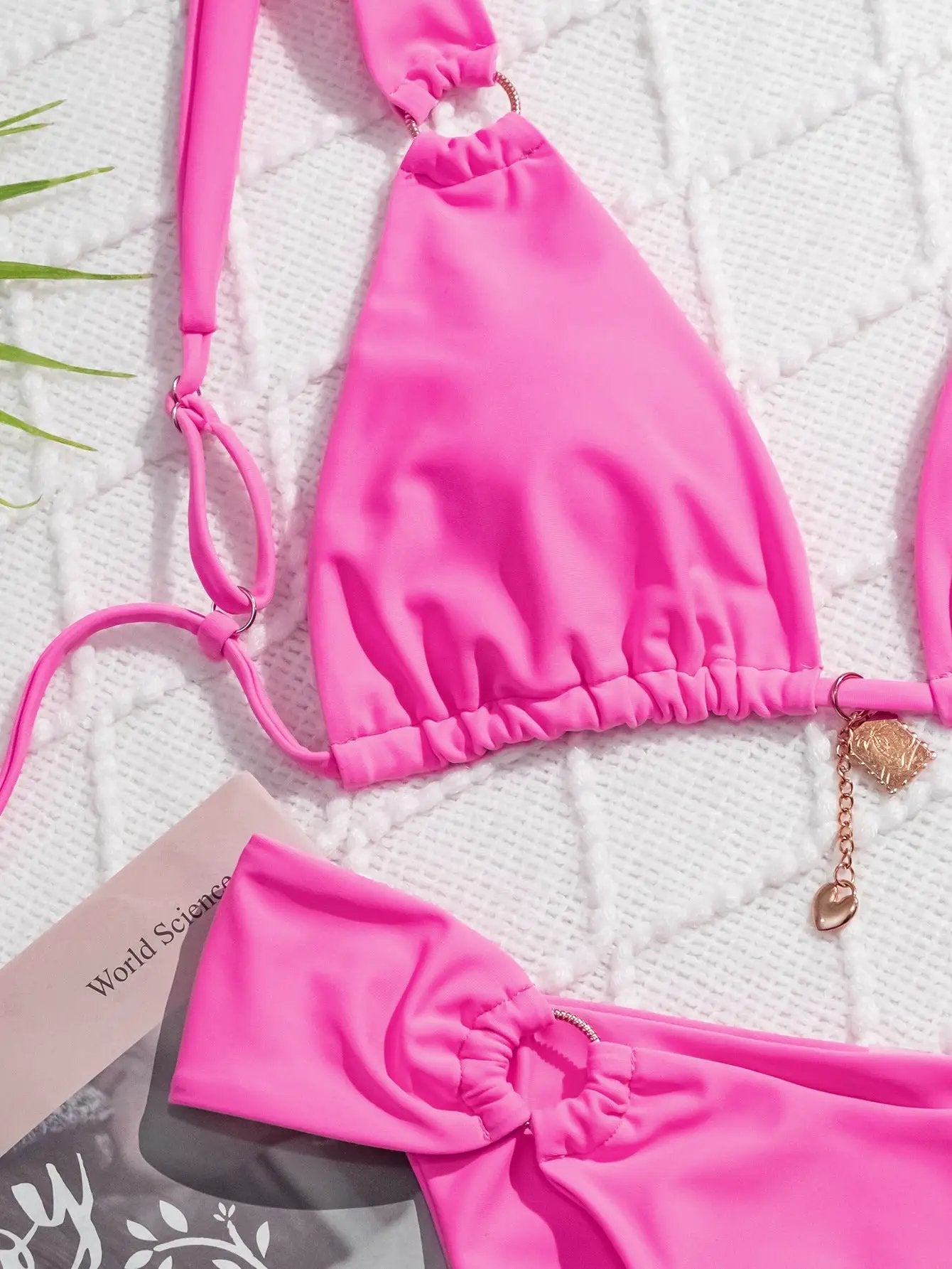 Hot Pink Gold Charm O-Ring Flattering Cut Sexy 2Pc Swimsuit Set Bikini