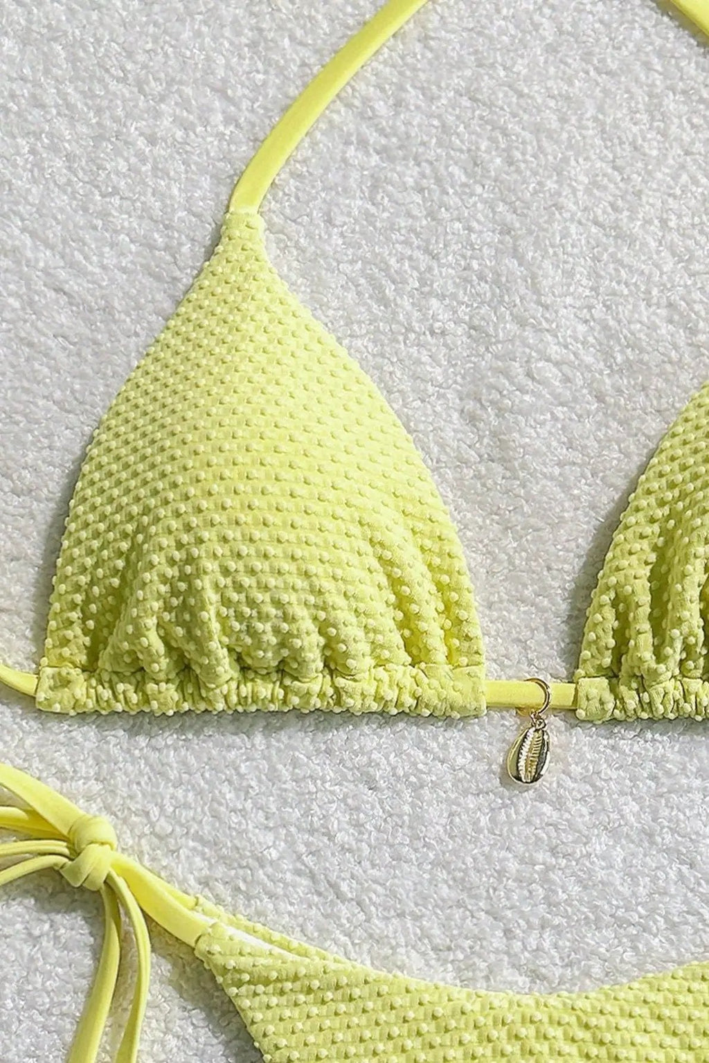 Yellow Dot Texture Fabric Gold Shell Charm Ruched Butt Sexy 2Pc Swimsuit Set Bikini
