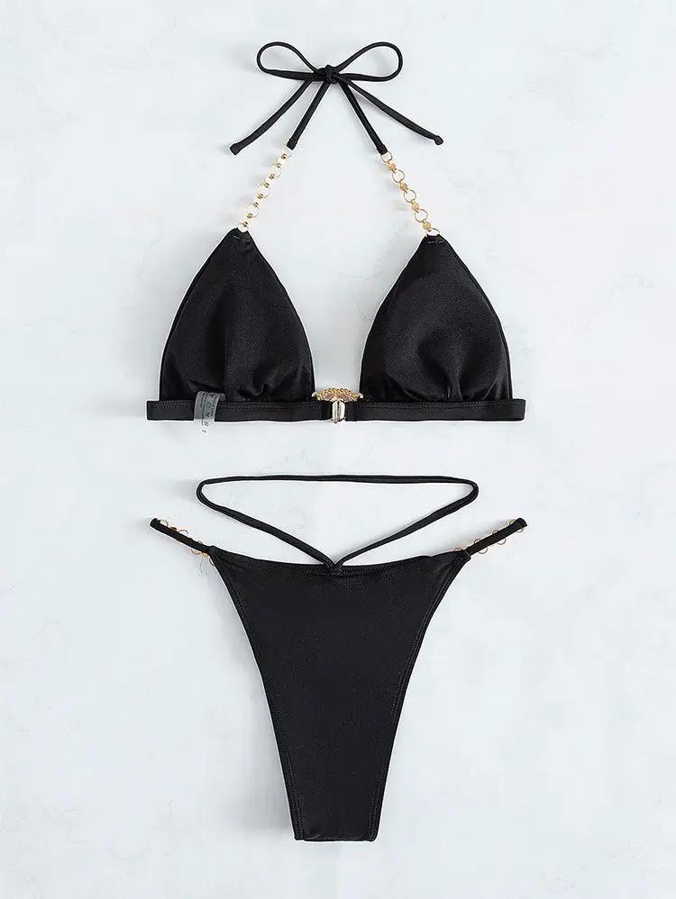 Black Heart Rhinestone Strappy Tied Sexy 2Pc Swimsuit Set Bikini