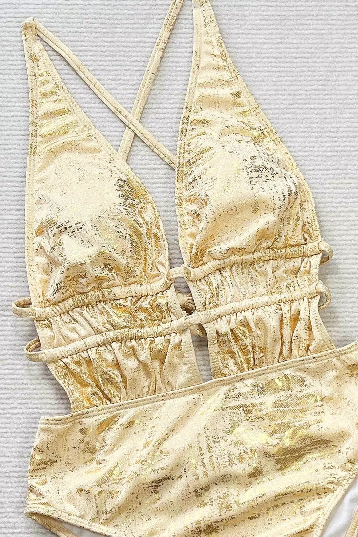 Gold Foil Metallic Plunging Neckline Ruched Butt Sexy Monokini 1Pc Swimsuit