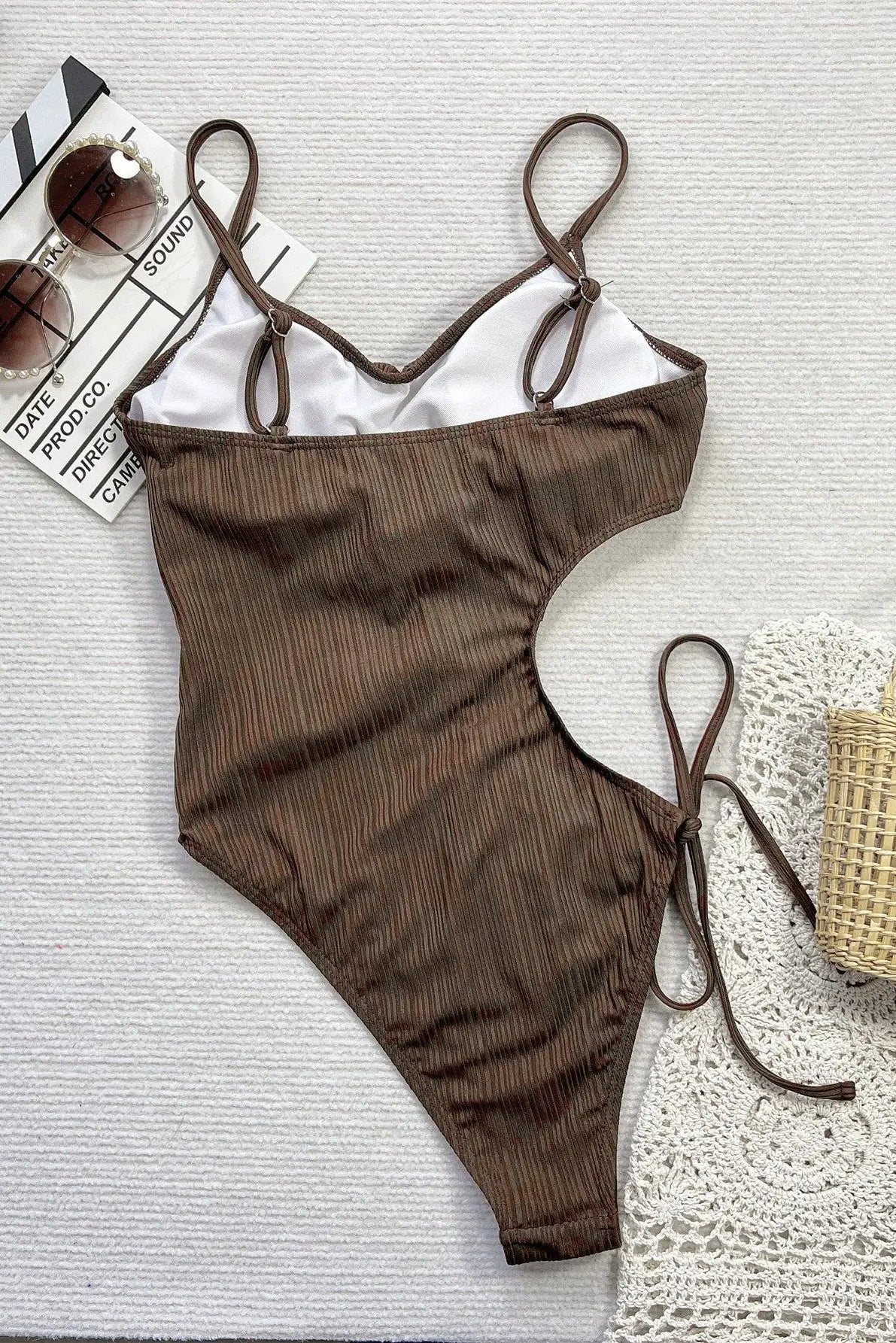 Sexy Brown Tie Side Asymmetrical Cut-Out Monokini 1Pc Swimsuit