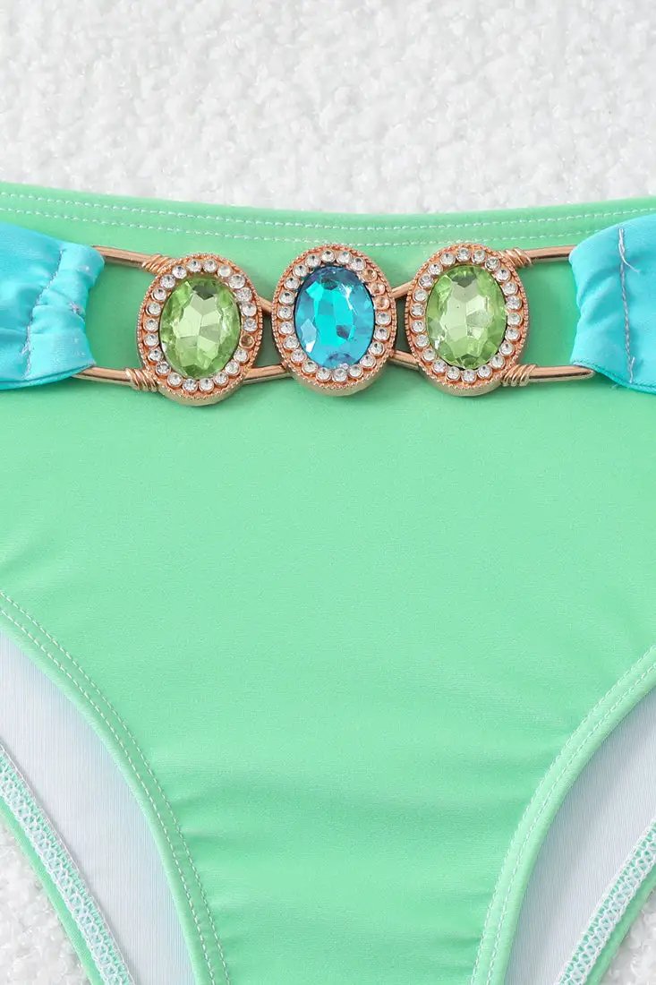 Green Blue Gemstone Rhinestone Headband/Belt 3Pc Sexy Swimsuit Set