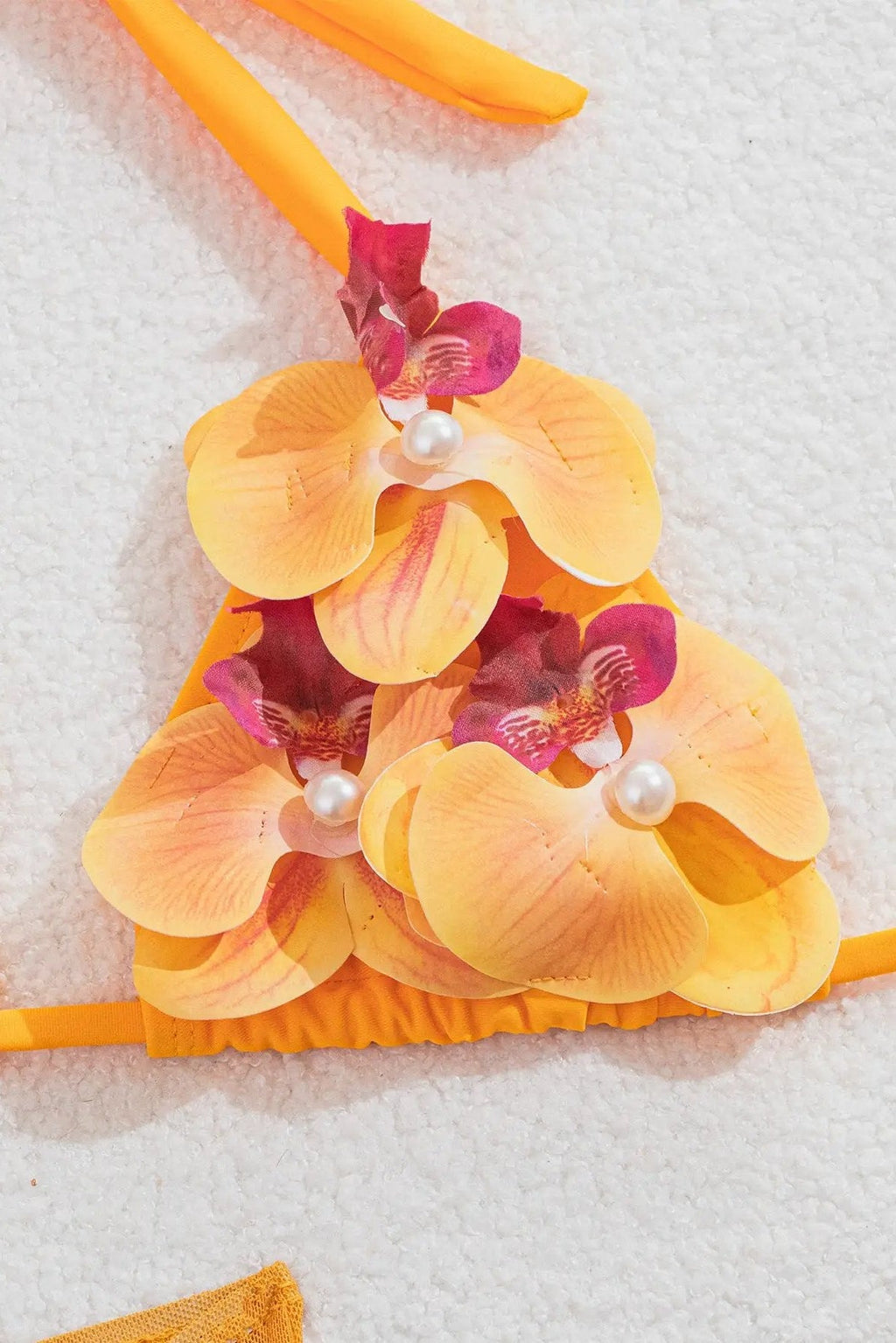 Marigold 3D Hawaiian Flower Pearl Ruched Cheeky Mesh Cover-Up Sexy 3Pc Swimsuit Set