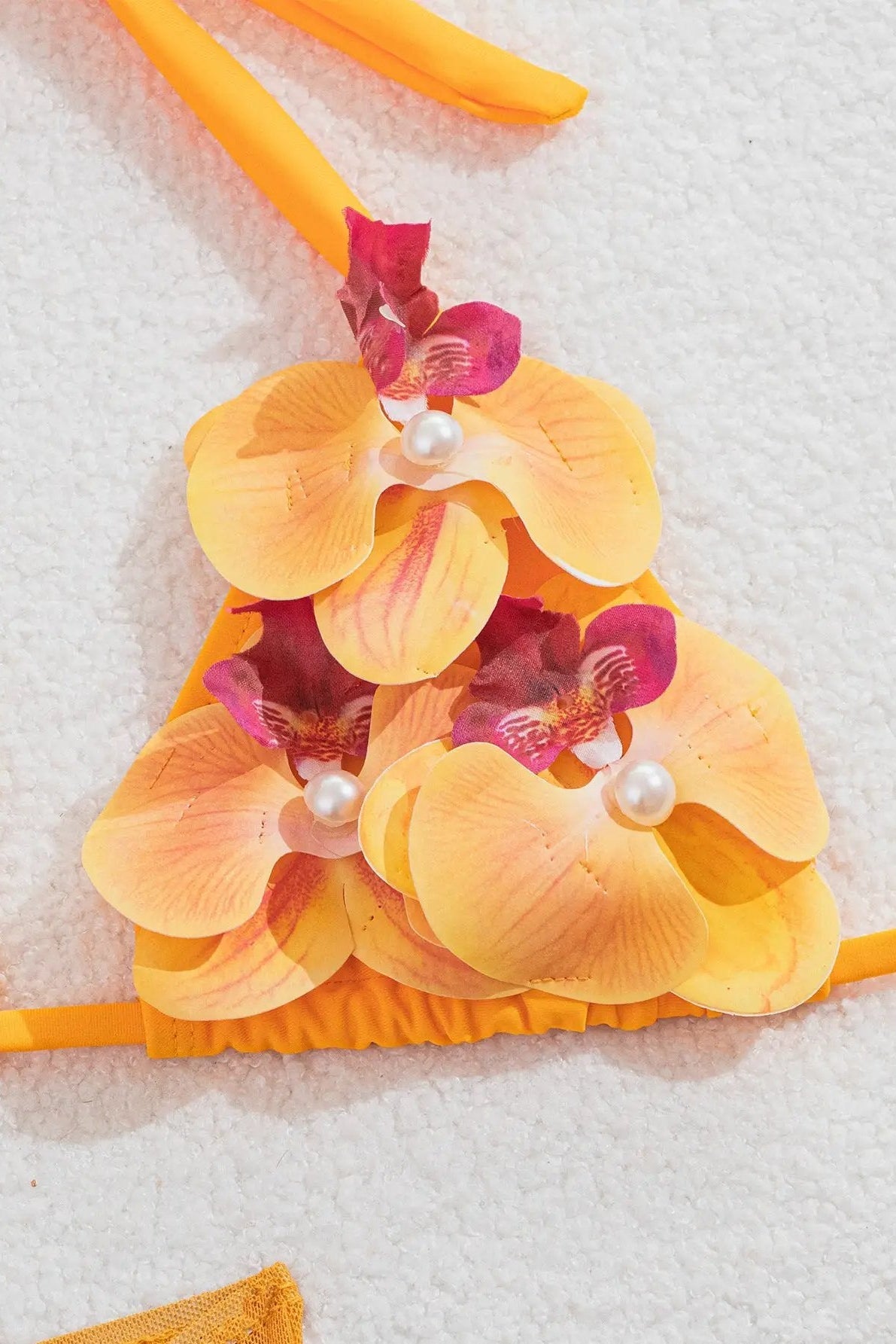 Marigold 3D Hawaiian Flower Pearl Ruched Cheeky Mesh Cover-Up Sexy 3Pc Swimsuit Set