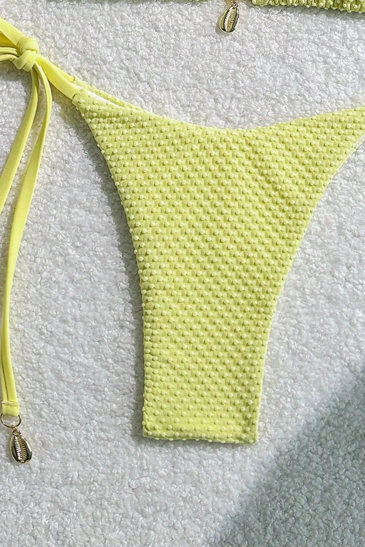 Yellow Dot Texture Fabric Gold Shell Charm Ruched Butt Sexy 2Pc Swimsuit Set Bikini