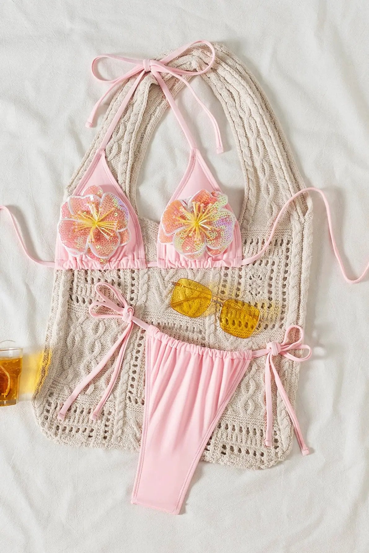 Light Pink Sequin 3D Hibiscus Flower Thong Draw-string Sexy 2Pc Swimsuit Set Bikini