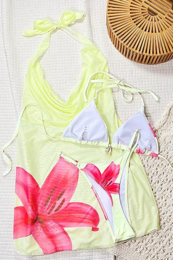 Sexy Yellow Hibiscus Flower Triangle Thong Mesh Halter Dress Cover-Up 3Pc Swimsuit Set