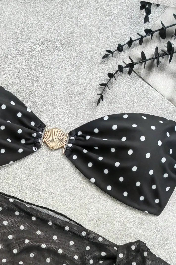 Black White Dot Gold Sea Shell Bandeau Cheeky Cover-Up Sexy 3Pc Swimsuit Set