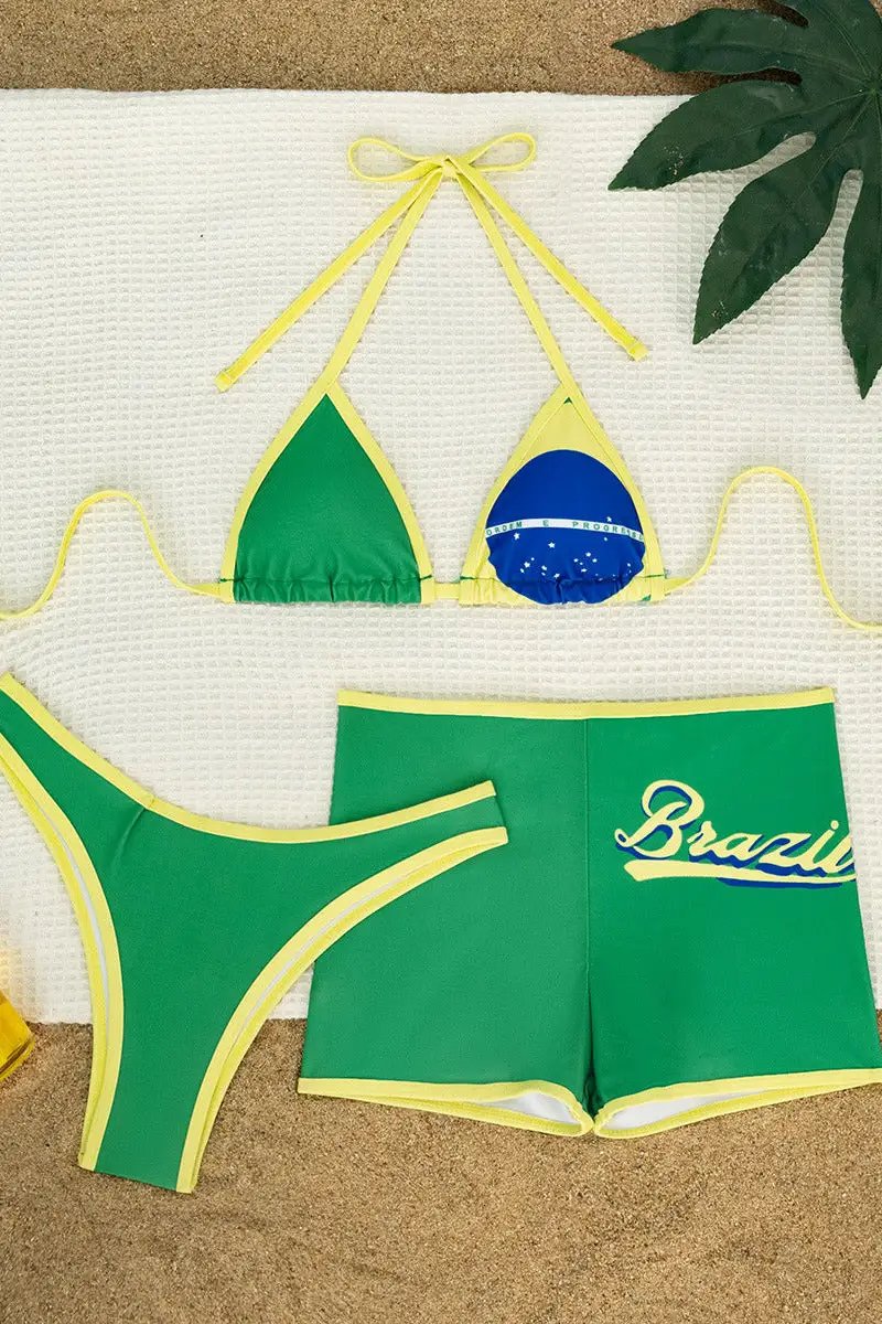 Green Yellow Brazil Triangle Cheeky Boy Shorts Sexy 3Pc Swimsuit Set