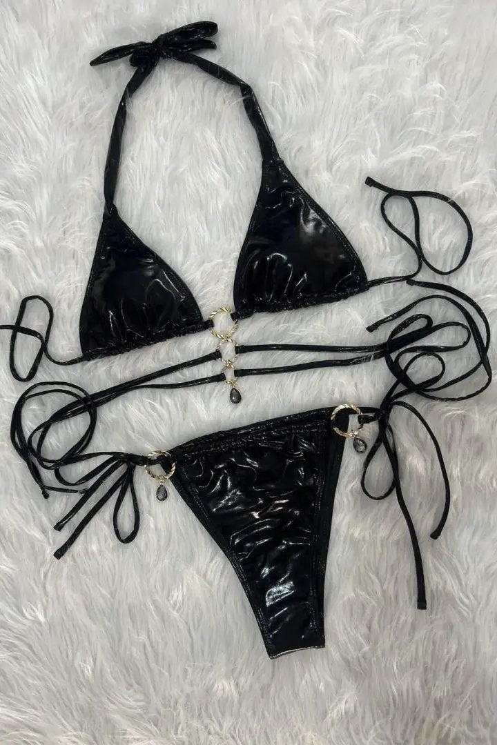 Black Metallic 3 Straps Dangling Rhinestone Gem Sexy 2Pc Swimsuit Bikini