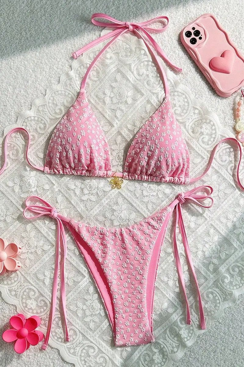 Light Pink Flower Textured Gold Charm Sexy 2Pc Swimsuit Set Bikini