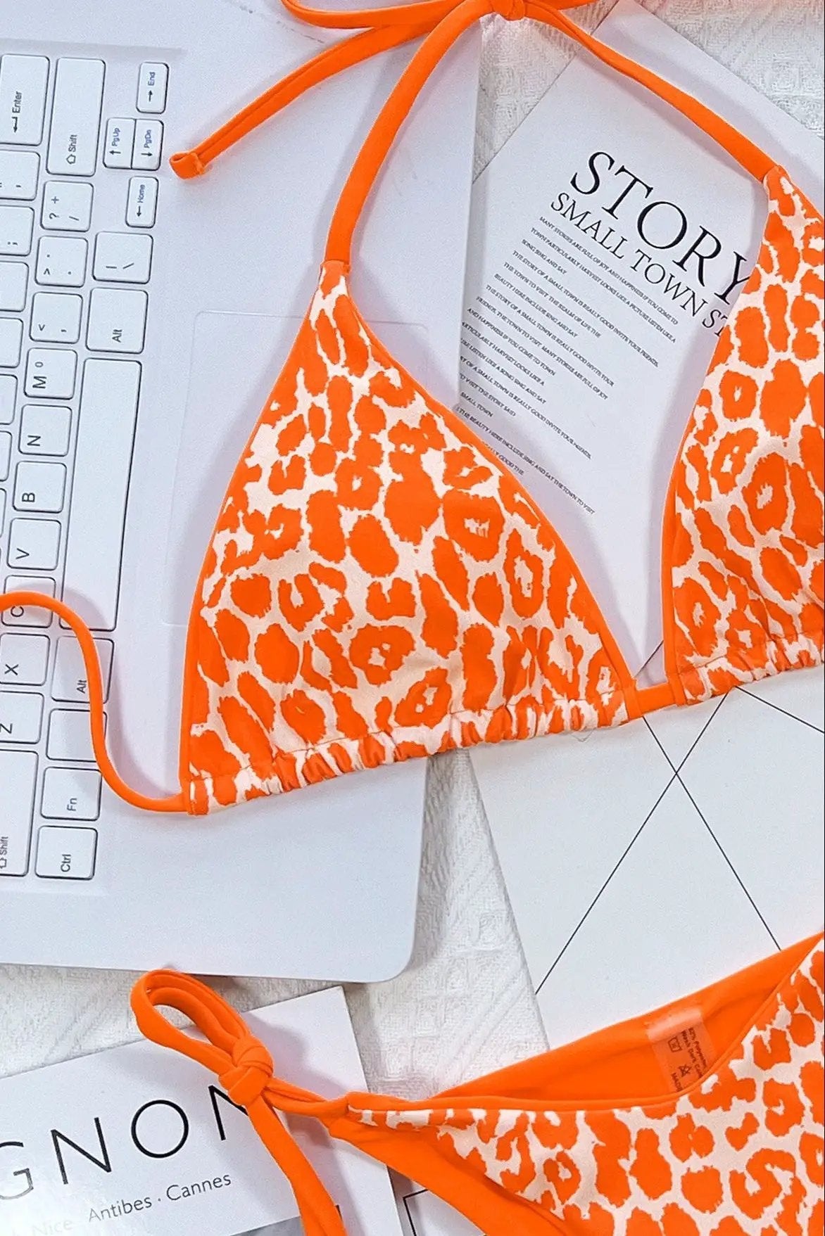 Neon Orange Leopard Print Halter Sexy Cheeky Two Piece Swimsuit Bikini