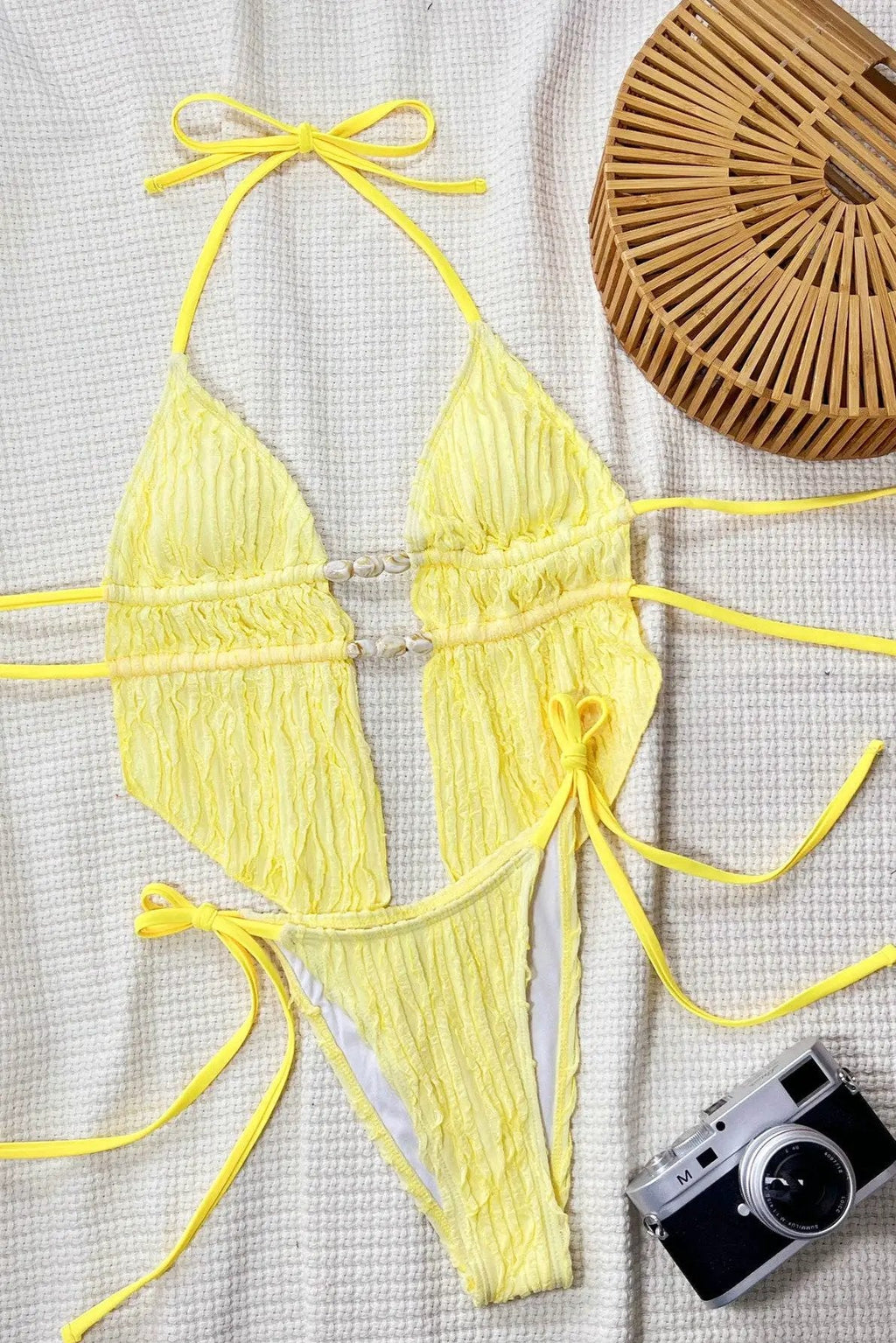Yellow Textured Fabric White Natural Stones Decor Sexy 2Pc Swimsuit