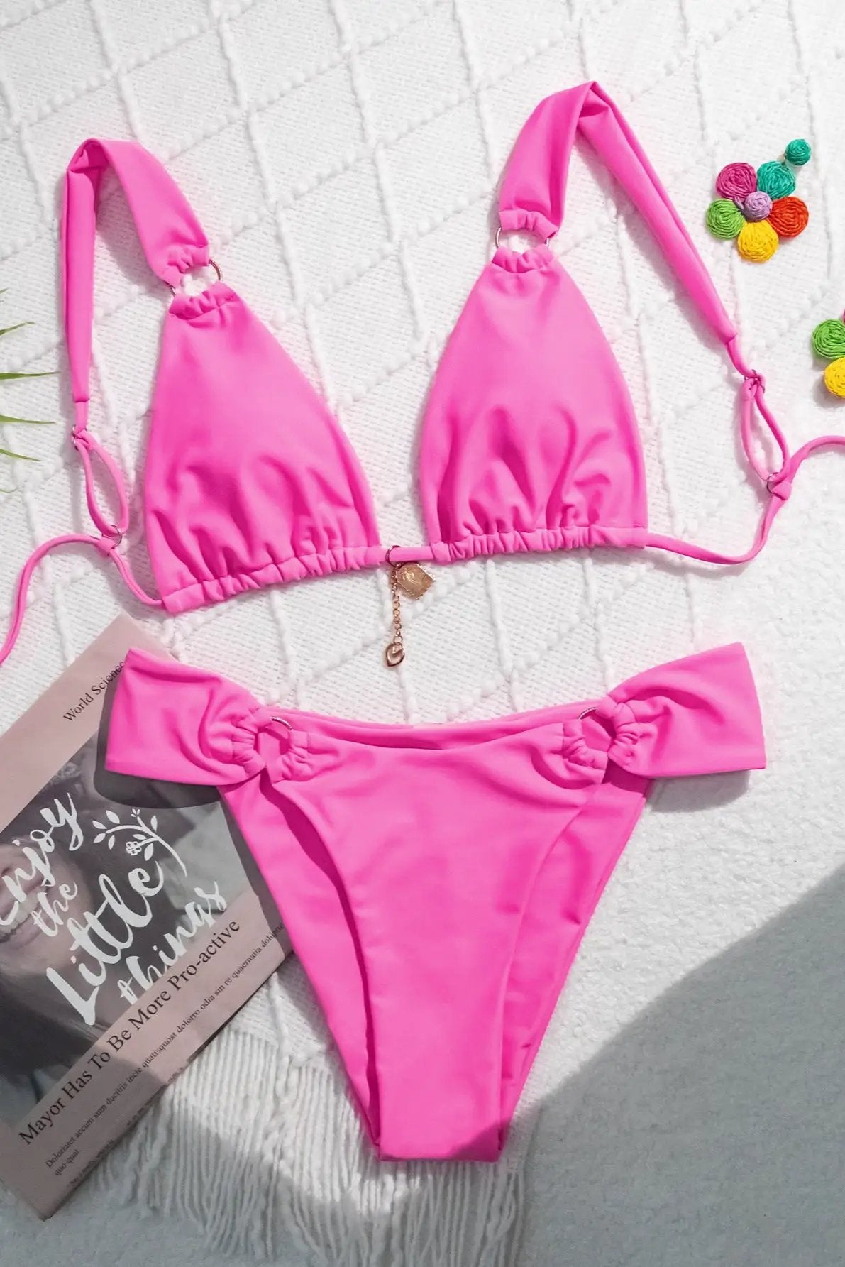 Hot Pink Gold Charm O-Ring Flattering Cut Sexy 2Pc Swimsuit Set Bikini