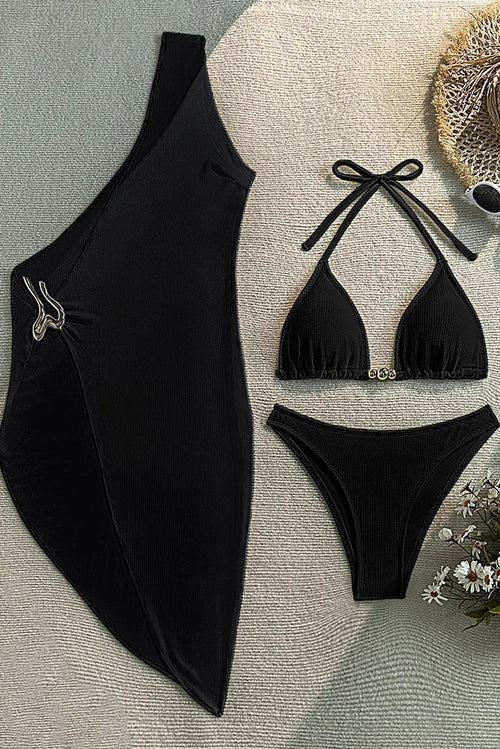 Black Textured Gold Decor Asymmetrical Cover-Up Sexy 3Pc Swimsuit Set