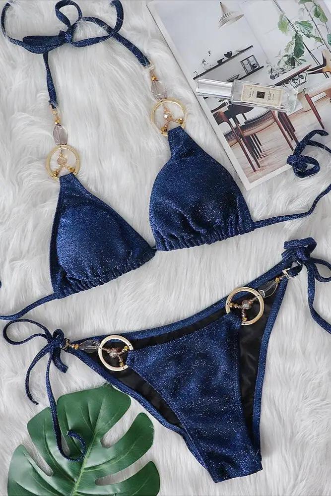 Royal Blue Shimmer Crystals O-Ring Ruched Butt Sexy 2Pc Swimsuit Set