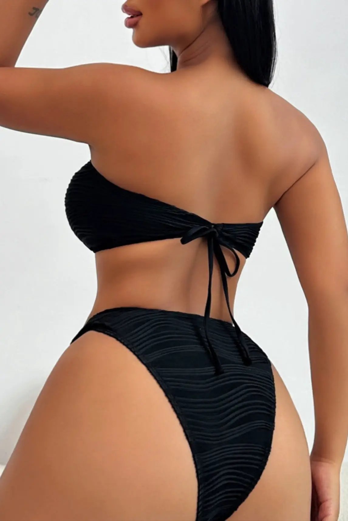 Black Textured Fabric Gold Decor Bandeau Sexy 2Pc Swimsuit Set Bikini