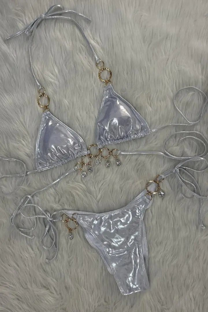 Silver Metallic Strappy Dangling Rhinestone Ruched Back Sexy 2Pc Swimsuit Bikini