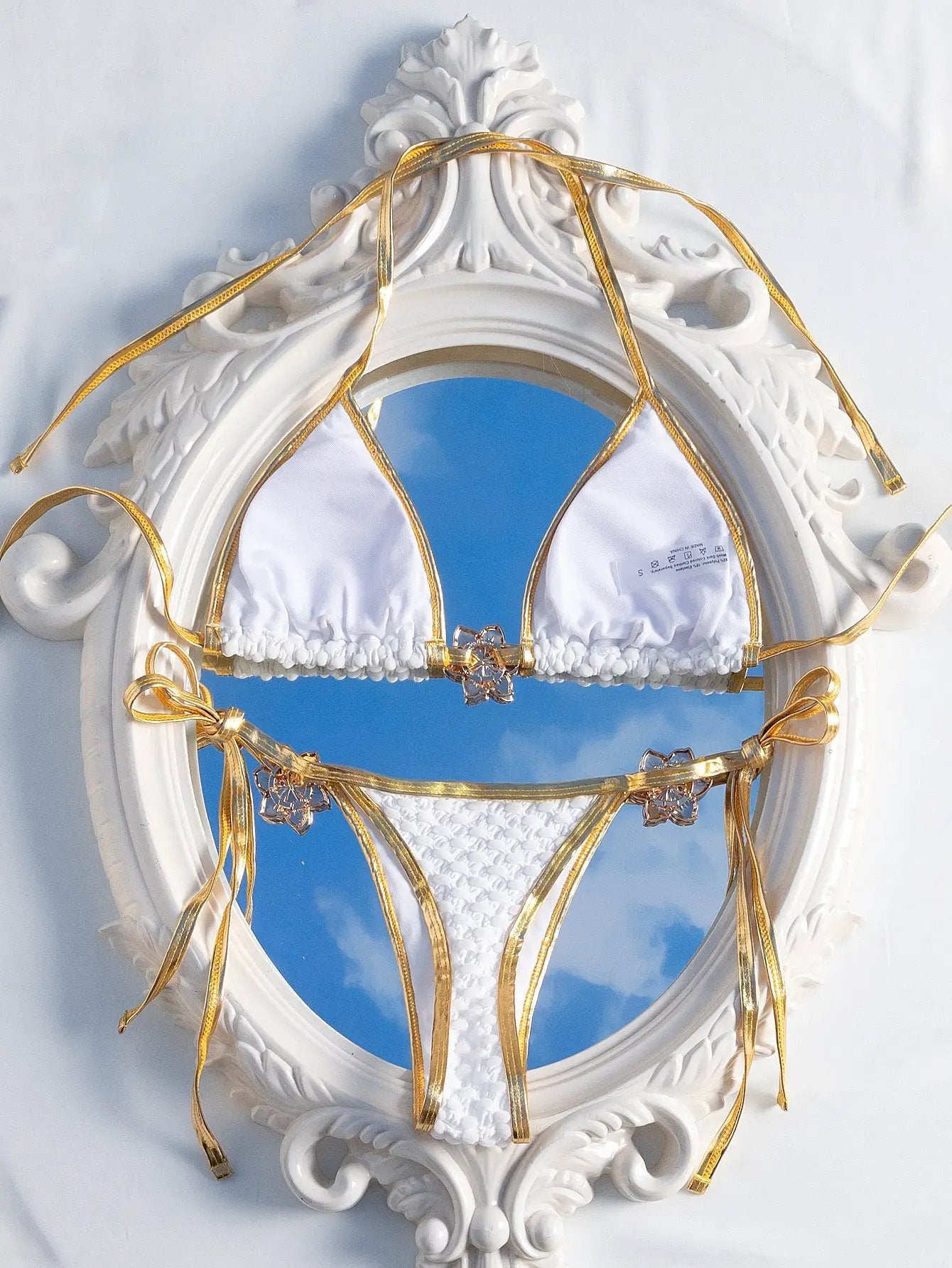 White Gold Flower Trim Triangle Thong Sexy 2Pc Swimsuit Set Bikini