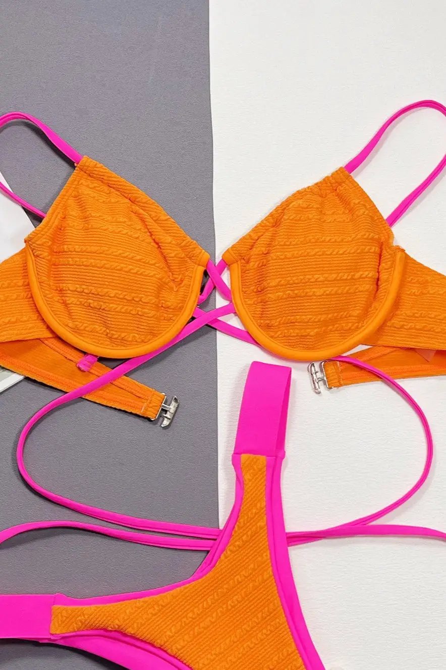 Orange Hot Pink Wire Push-Up Cheeky Sexy 2Pc Swimsuit Set Bikini