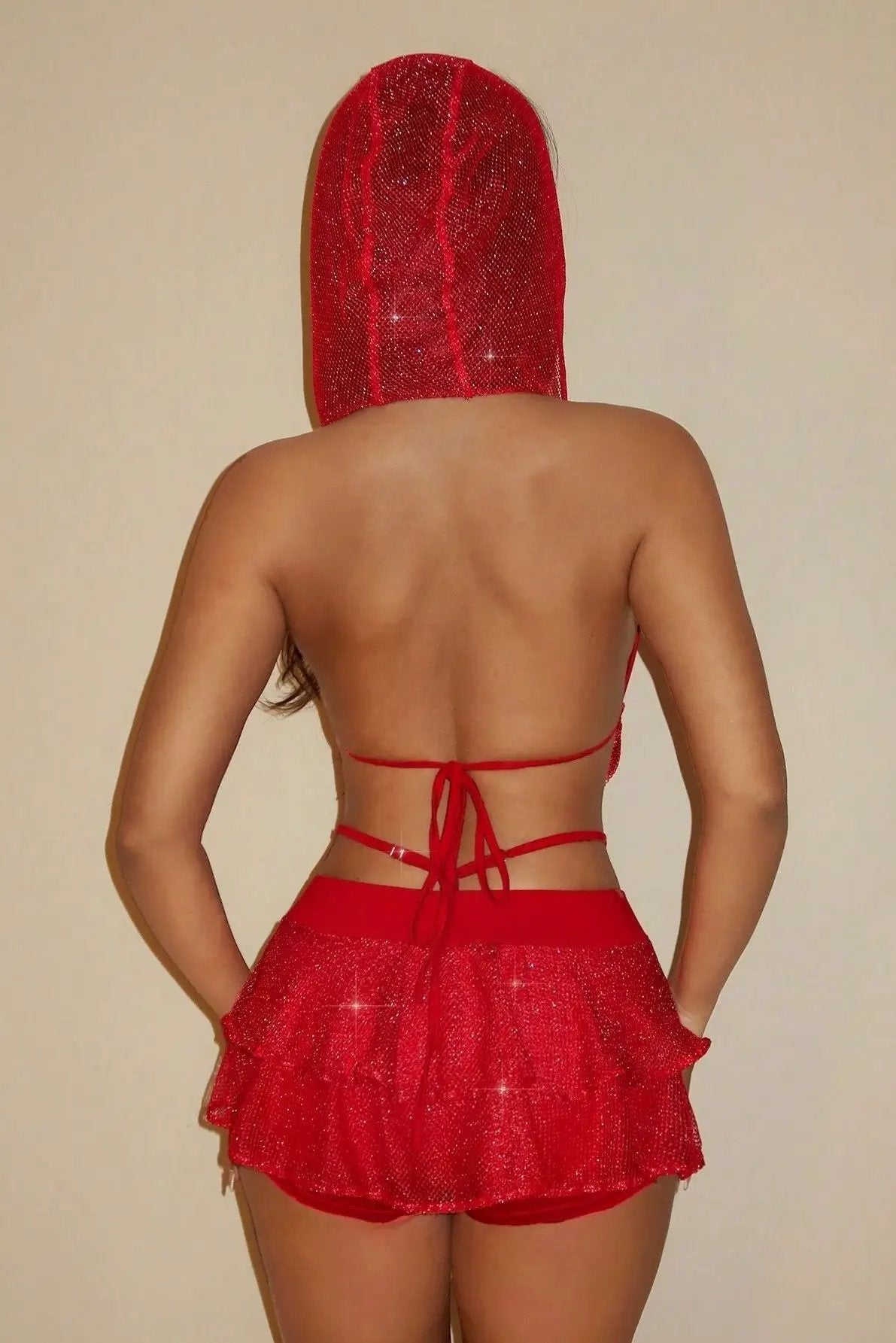 Red Sparkly Hooded Drape Top Cheeky Skirt Cover-Up 3Pc Swim Set