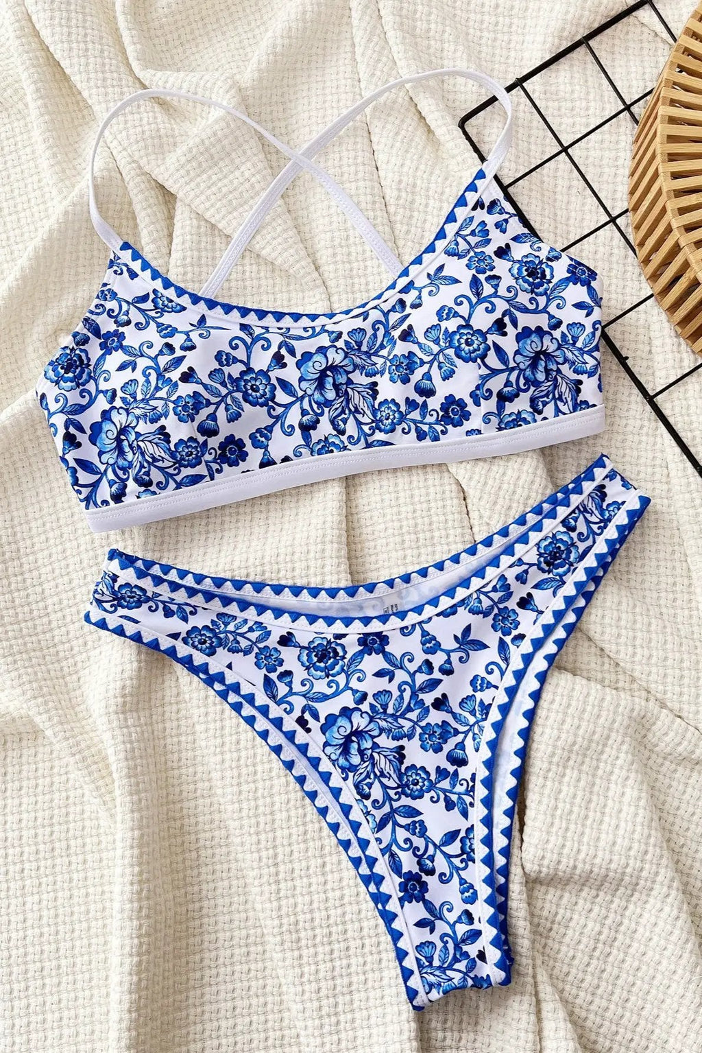 White Blue Italian Print European Vacation 2Pc Swimsuit Set