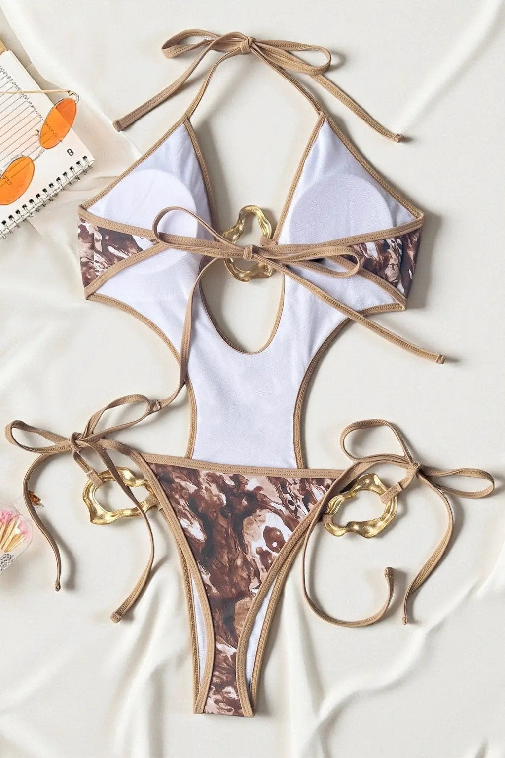 Brown Animal Print Gold Abstract Ring Cheeky Sexy 1Pc Swimsuit Monokini
