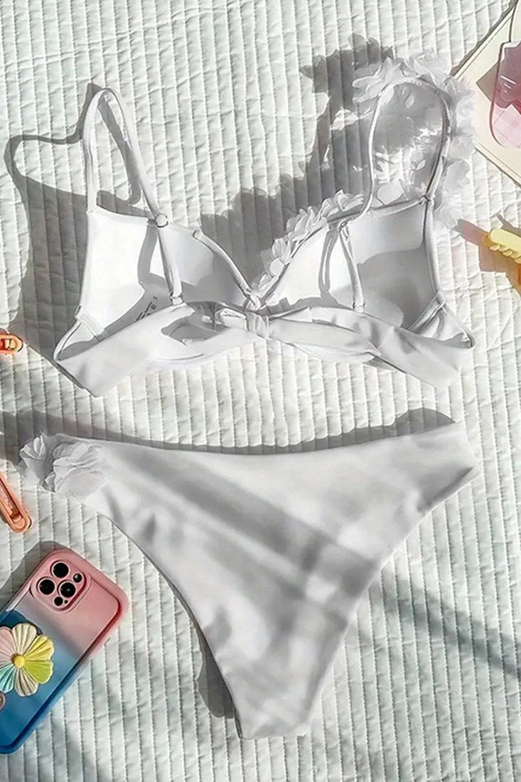 White Flowers Asymmetric Push-Up Cheeky Sexy 2Pc Swimsuit Set