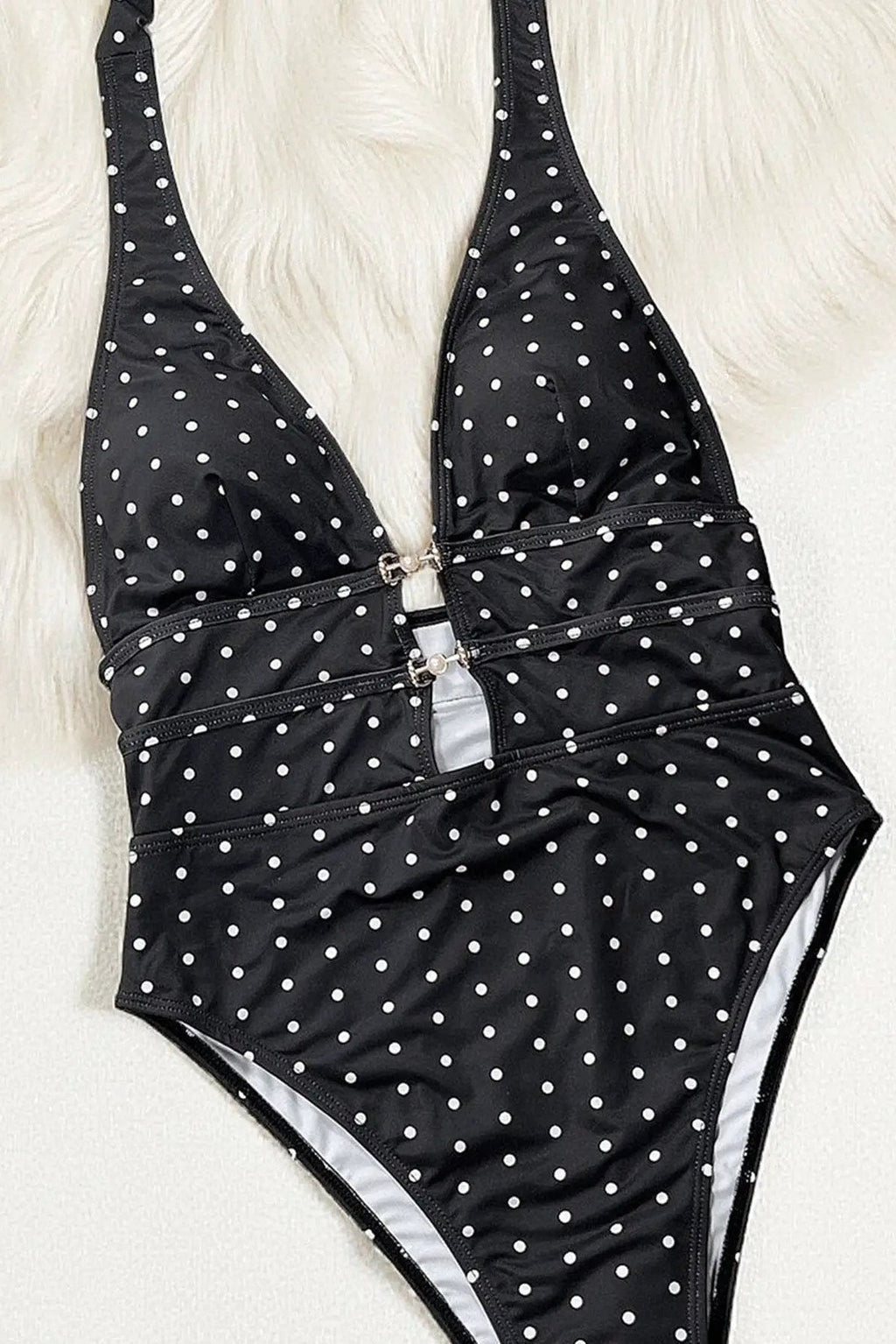 Black Polka Dot Designer Buckles Plunging Neck Halter Sexy Monokini 1Pc Swimsuit