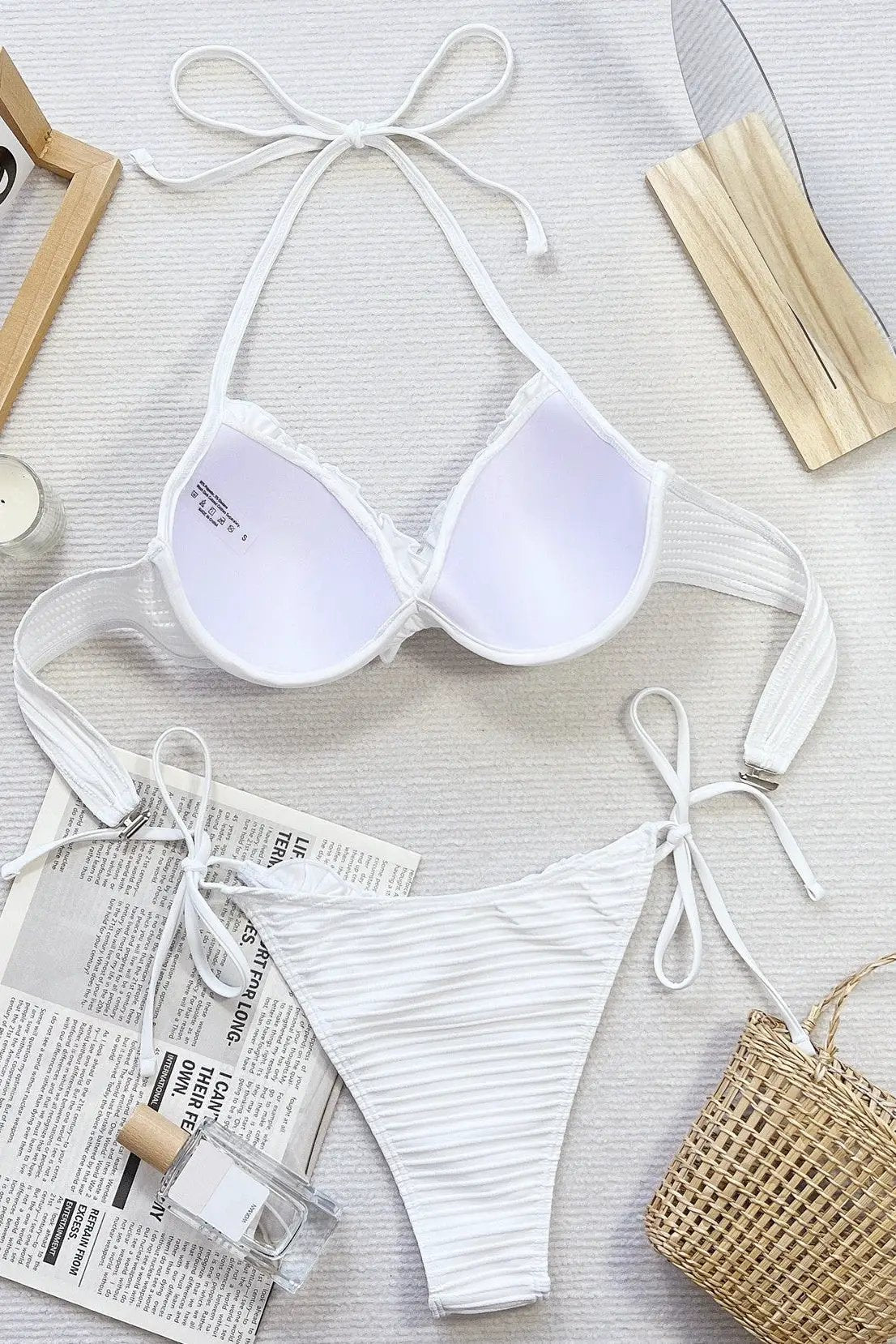 White Wired Push-Up Ruffle Contour Cheeky Sexy 2Pc Bikini Swimsuit Set