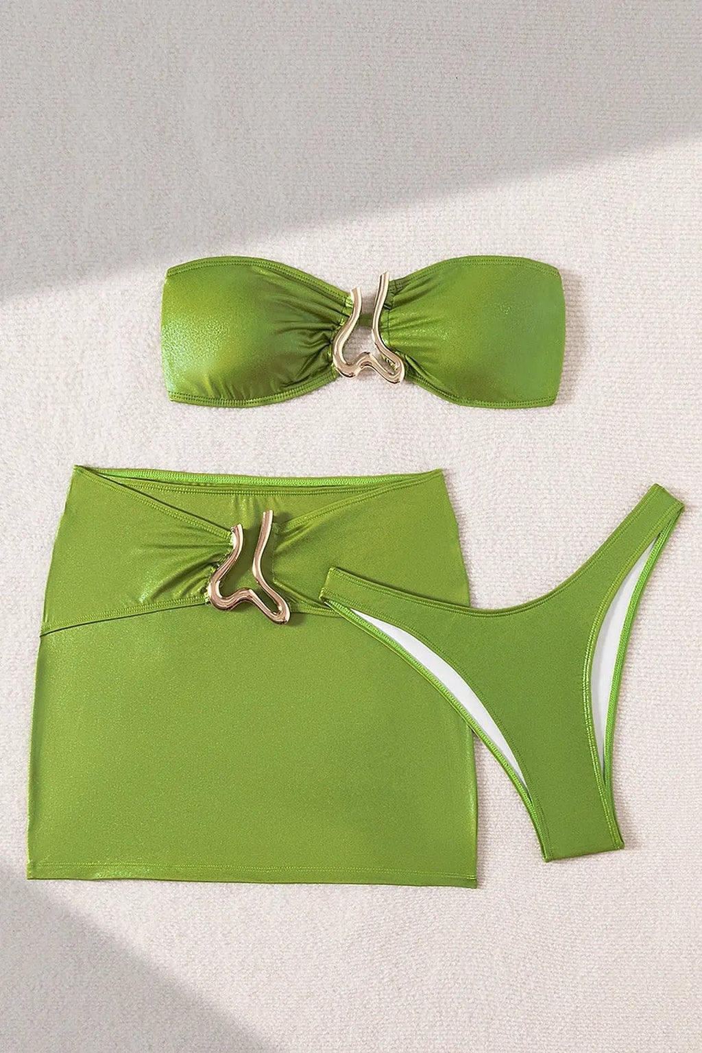 Green Shimmer Gold Metal Decor Bandeau Cheeky Skirt Cover-Up 3Pc Swimsuit Set