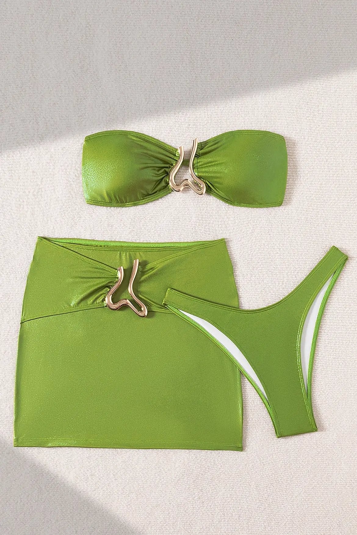 Green Shimmer Gold Metal Decor Bandeau Cheeky Skirt Cover-Up 3Pc Swimsuit Set