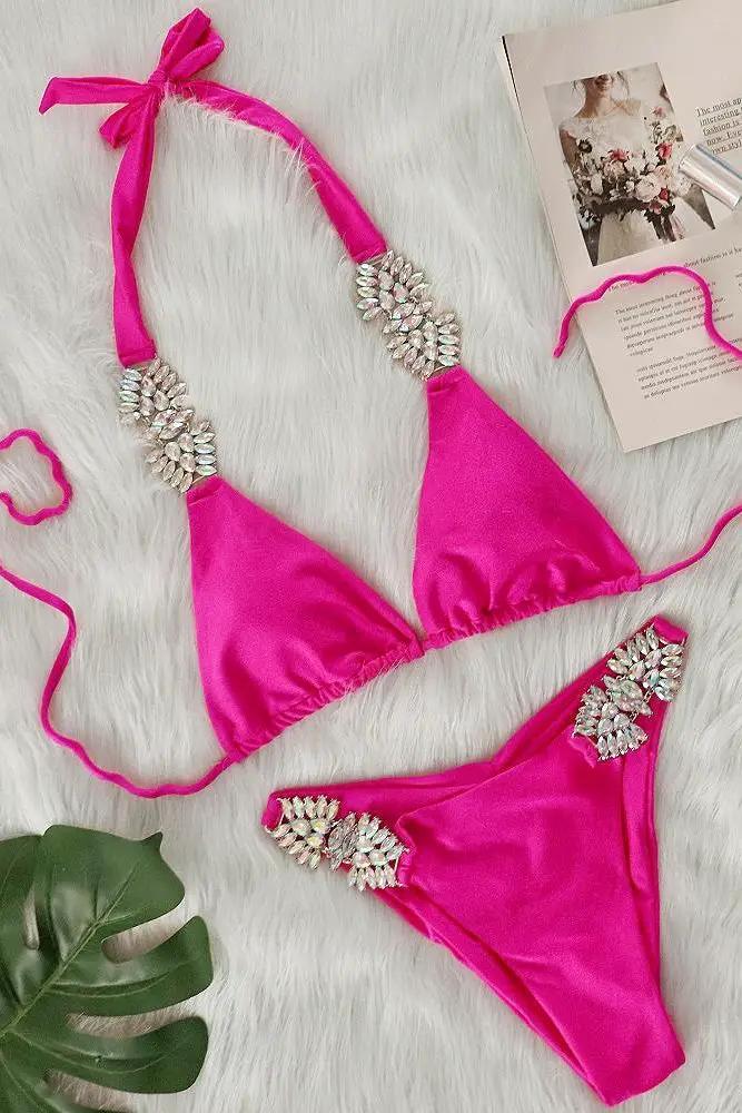 Pink Silky Big Rhinestone Decor Ruched Back Sexy 2Pc Swimsuit Set Bikini
