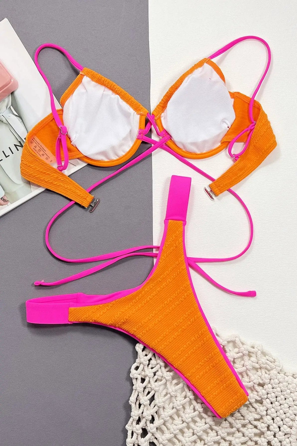 Orange Hot Pink Wire Push-Up Cheeky Sexy 2Pc Swimsuit Set Bikini