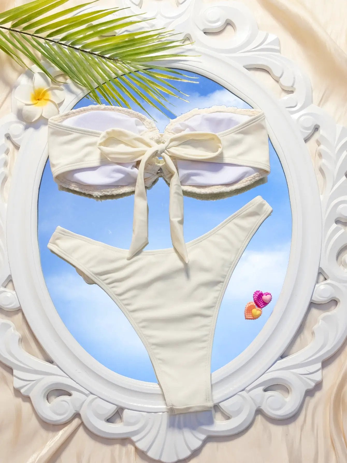 White Textured Fabric 3D Rosette Bandeau Cheeky Sexy 2Pc Swimsuit Set