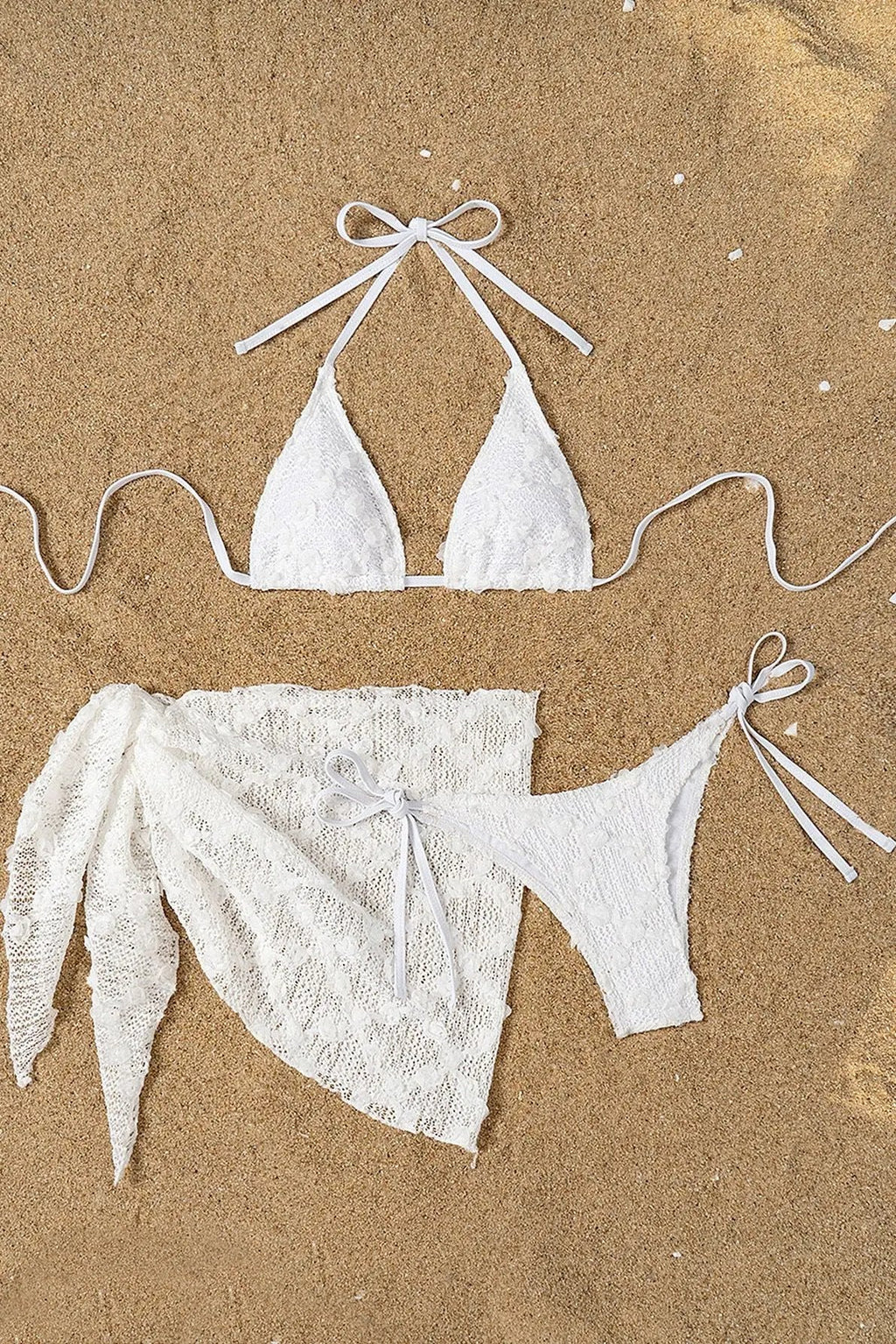 White 3D Rose Fabric Triangle Cheeky Cover-Up Sexy 3Pc Swimsuit Set