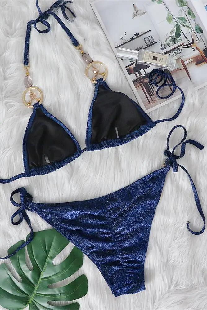 Royal Blue Shimmer Crystals O-Ring Ruched Butt Sexy 2Pc Swimsuit Set