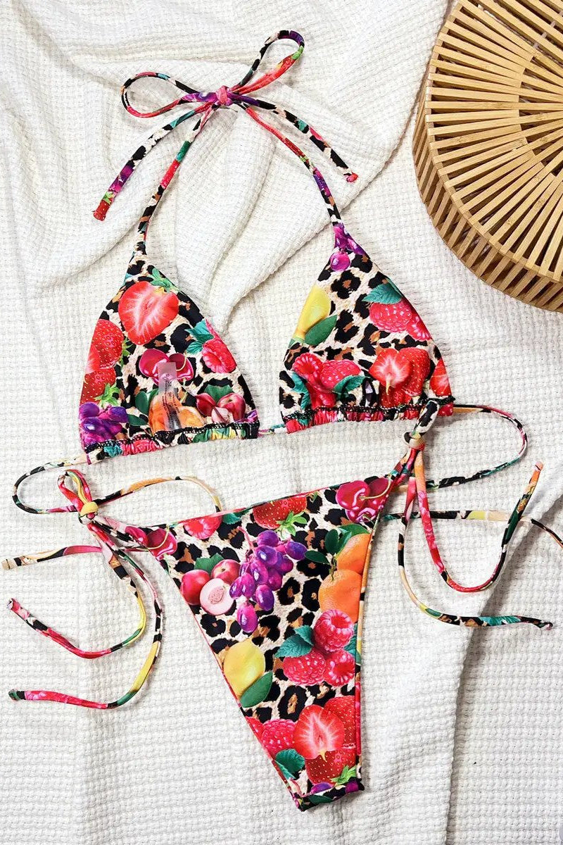 Sexy Leopard Tropical Fruit Print Triangle Contour Cut Bikini 2Pc Swimsuit Set
