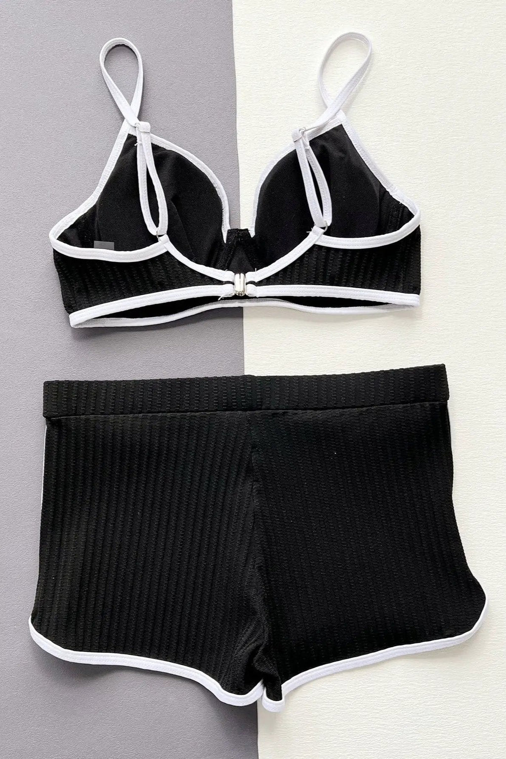 Black Textured Fabric Wired Push-Up Top Booty Shorts Sexy Swimsuit Set