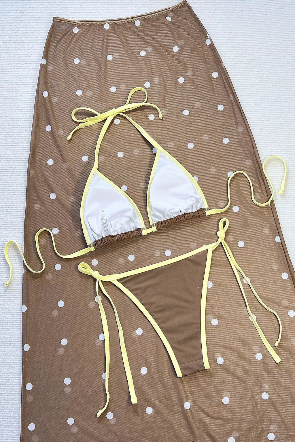 Sexy Brown Yellow Trim Triangle Cheeky Mesh Maxi Polka Dot Skirt Cover-Up 3Pc Swimsuit Set