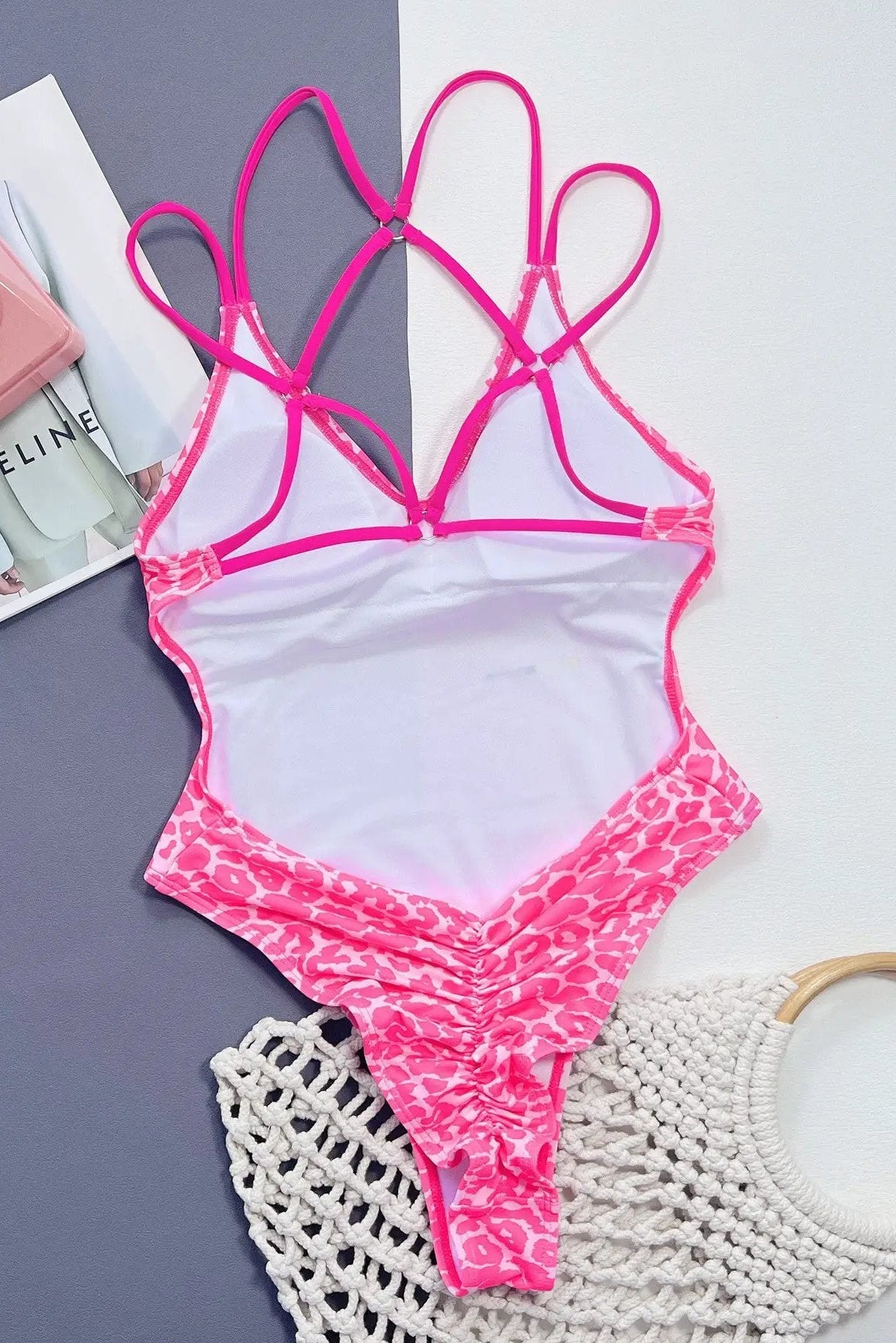 Pink Leopard Print Hot Pink Strappy Back Ruched Butt Ultra Cheeky Sexy Monokini 1Pc Swimsuit