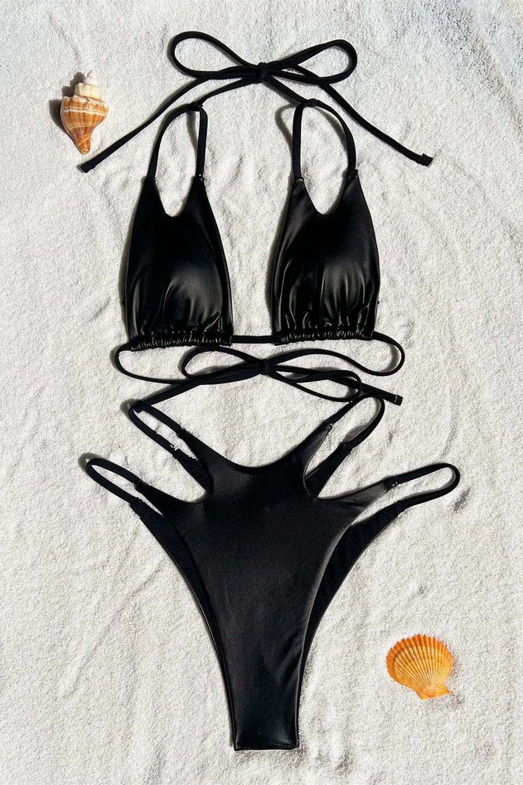 Black Wet Look Strappy Tiny Triangle Ruched Back Sexy 2Pc Swimsuit Set