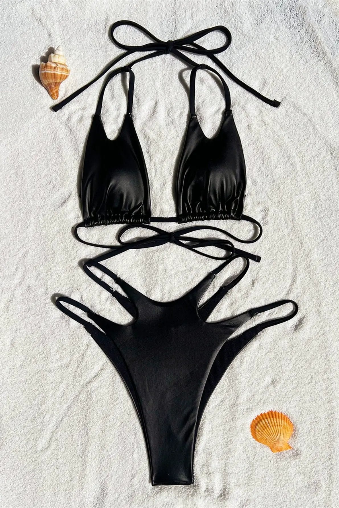 Black Wet Look Strappy Tiny Triangle Ruched Back Sexy 2Pc Swimsuit Set